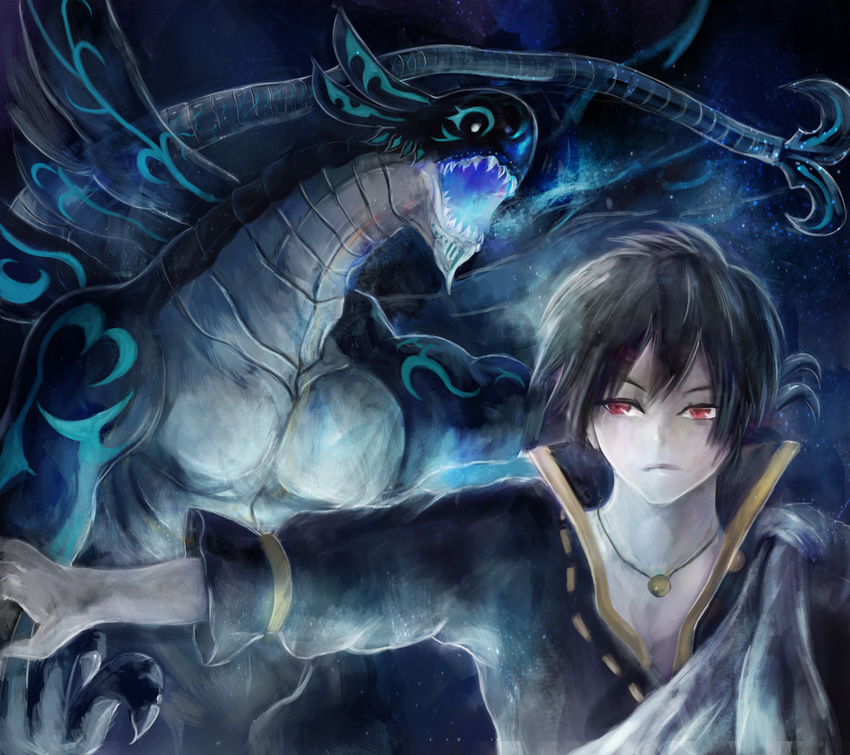 acnologia black_hair dragon fairy_tail fangs jewelry necklace red_eyes short_hair tail tomoichi wings zeref