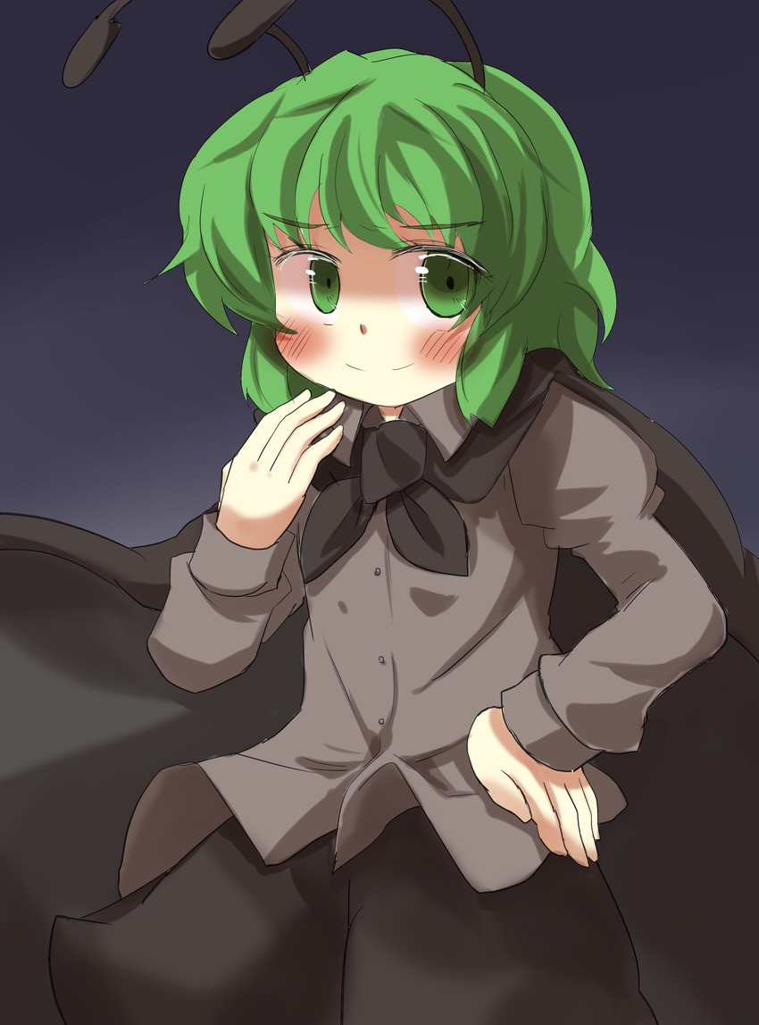 alternate_color antennae blush cape gaoo_(frpjx283) green_eyes green_hair hand_on_hip highres solo touhou wriggle_nightbug