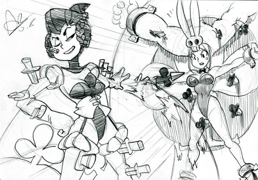alex_ahad alternate_costume animal_ears beatrix_(skullgirls) braid breasts bunny_ears bunny_girl bunny_tail bunnysuit cerebella_(skullgirls) cleavage corset detached_collar facial_tattoo french_braid grin hair_rings hand_on_hip knife living_clothes medium_breasts monochrome multiple_girls photo restrained sketch skullgirls slender_waist smile tail tattoo thighhighs throwing_knife traditional_media vice-versa_(skullgirls) weapon