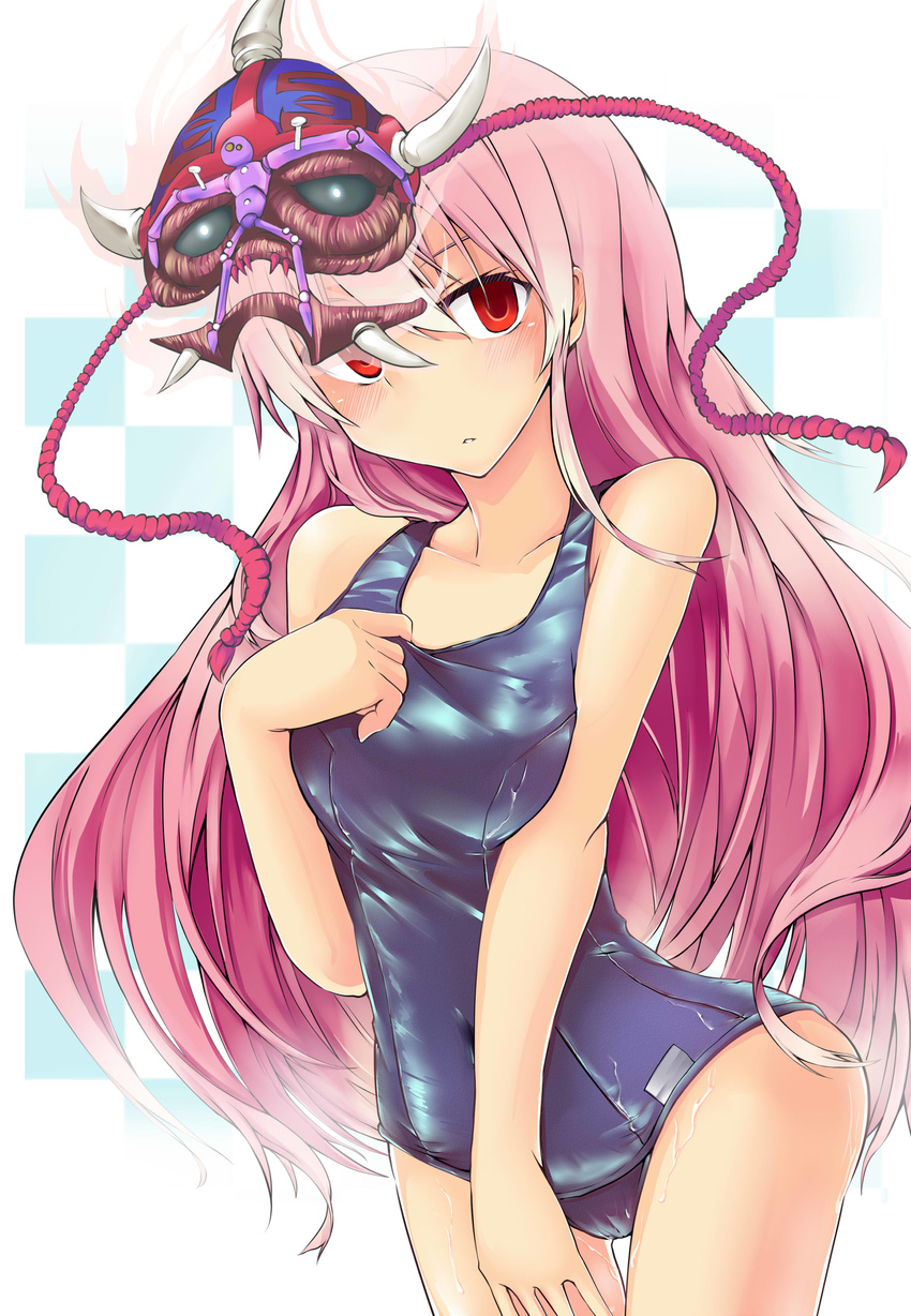 absurdres breasts checkered checkered_background covered_navel duel_monster hata_no_kokoro highres ku-ba long_hair mask mask_of_weakness medium_breasts one-piece_swimsuit open_mouth pink_hair school_swimsuit shiny shiny_clothes skindentation smile solo swimsuit touhou very_long_hair voodoo_doll wet wet_clothes yuu-gi-ou