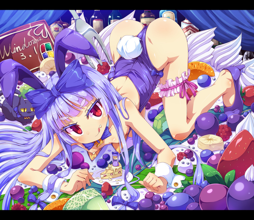 3.1-tan :q all_fours animal_ears ass blue_hair blueberry bow bowtie breasts bunny_ears bunny_tail bunnysuit cake cat colored_eyelashes detached_collar food food_on_face fruit hair_bow high_heels leg_garter letterboxed long_hair os-tan raspberry red_eyes shoes short_eyebrows slit_pupils small_breasts strawberry tail tongue tongue_out toraishi_666 wrist_cuffs