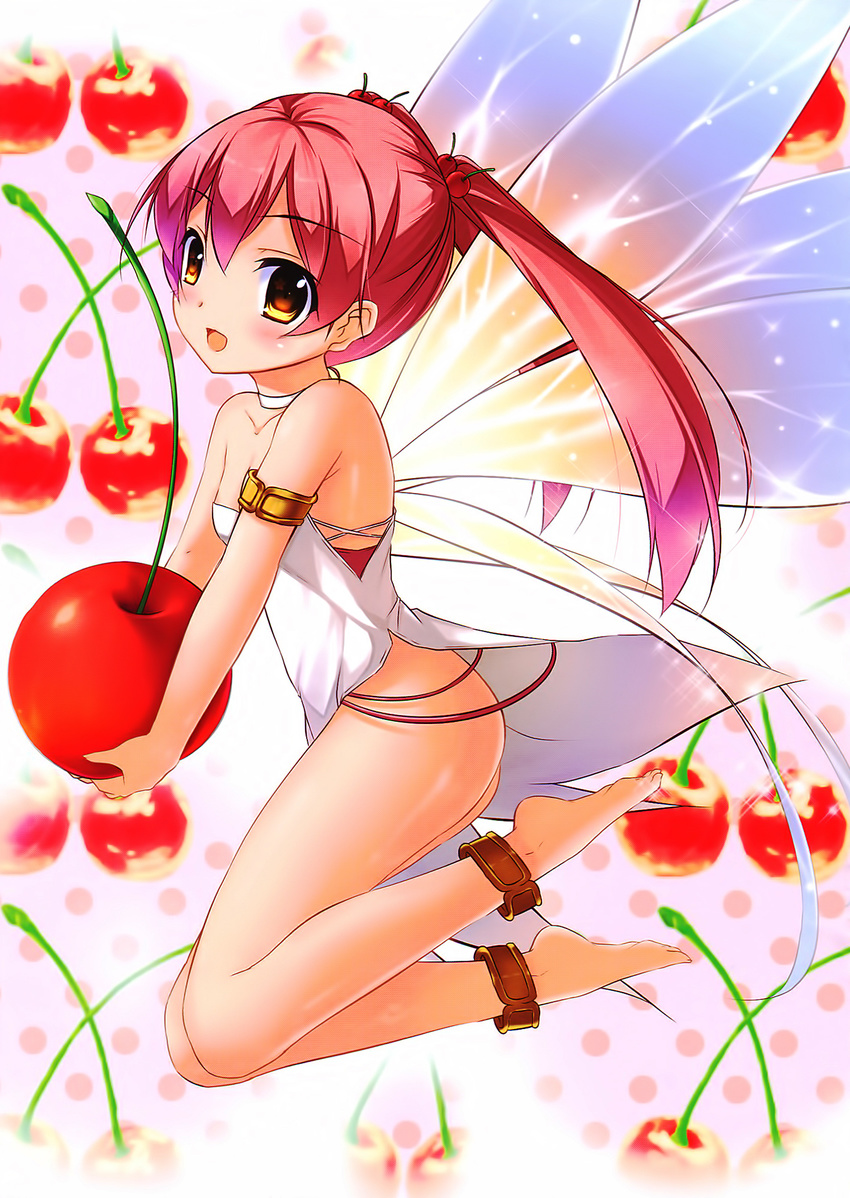 :d ankleband anklet armband armlet bare_shoulders barefoot barefoot_sandals brown_eyes cherry choker dress emanuella_porlallora fairy_wings food from_side fruit hentai_ouji_to_warawanai_neko. highres holding jewelry kaho_okashii minigirl no_panties open_mouth pink_hair smile solo tareme thighs twintails white_dress wings