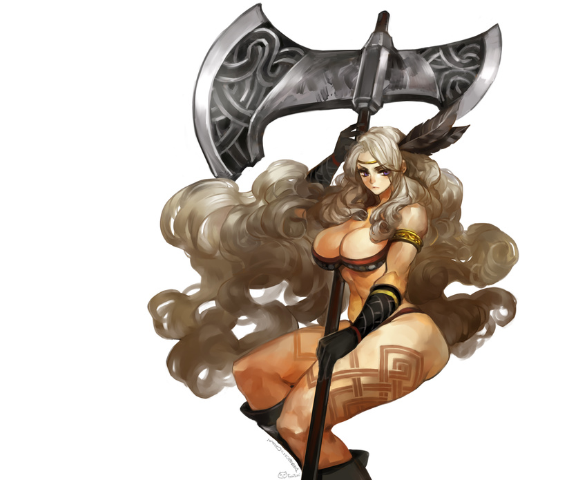 amazon_(dragon's_crown) armlet armor bikini_armor blonde_hair boots breasts circlet dragon's_crown fantchi feathers gloves halberd highres large_breasts long_hair muscle muscular_female polearm purple_eyes solo tattoo thick_thighs thighs weapon