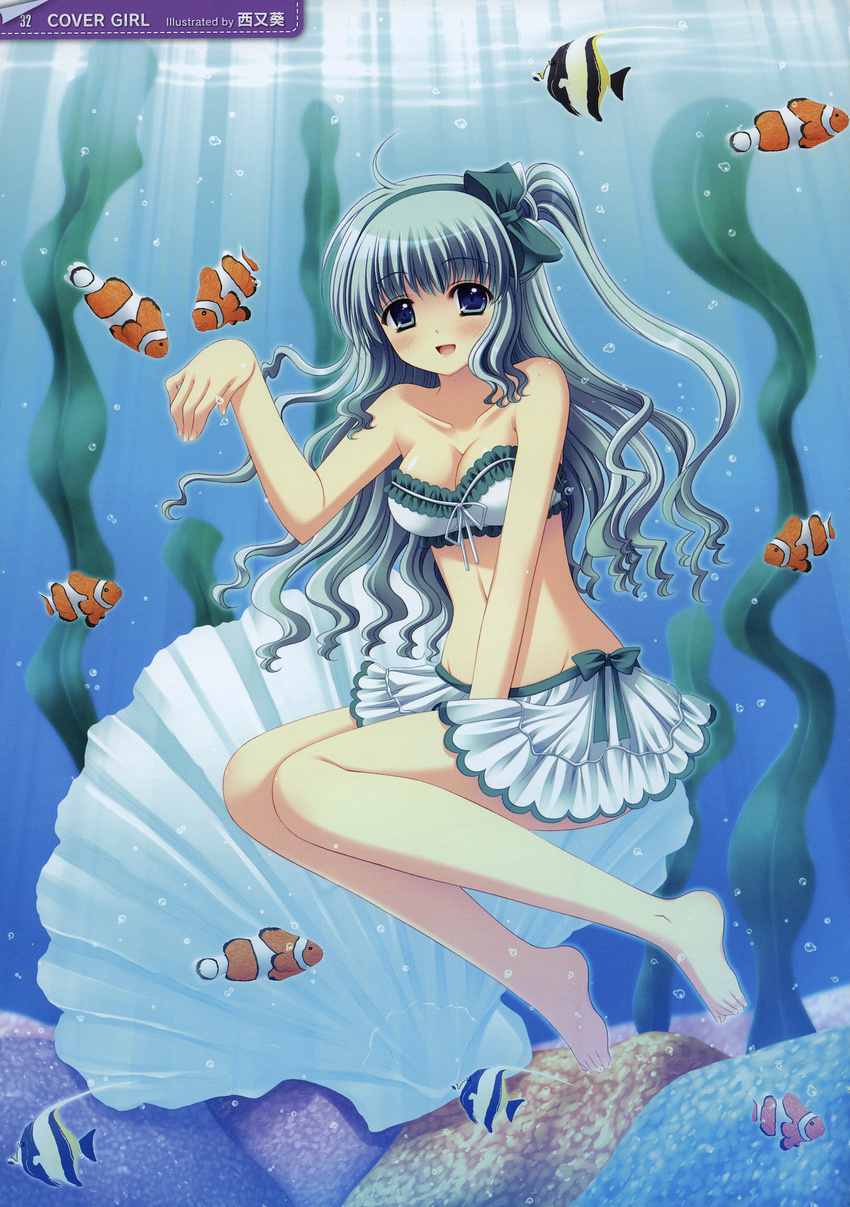 absurdres angelfish barefoot bikini bikini_skirt blush breasts cleavage clownfish coral fish freediving frilled_bikini frills green_bikini green_eyes green_hair highres long_hair medium_breasts nishimata_aoi one_side_up original scan seaweed shell smile solo swimsuit underwater wavy_hair