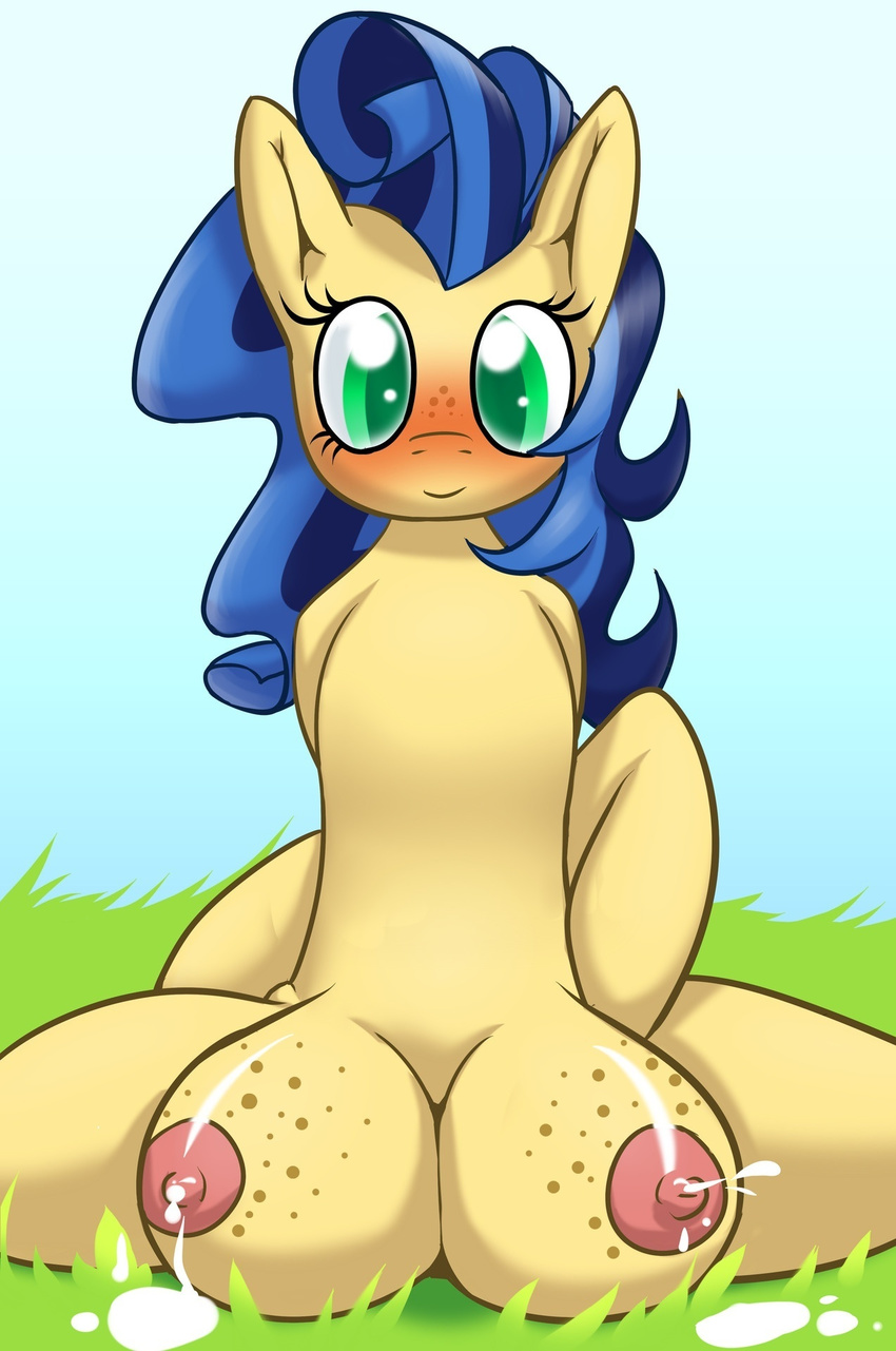 big_breasts blue_hair blush breasts edit equine female feral freckles friendship_is_magic fur green_eyes hair horse lactating looking_at_viewer mammal milky_way_(character) my_little_pony nipples original_character pony randomdouche sitting solo spread_legs spreading teats two_tone_hair yellow_fur