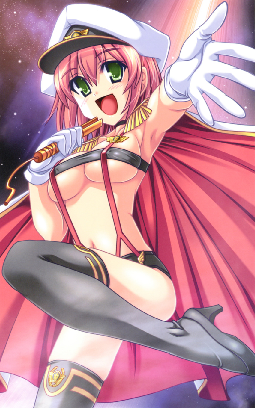 :d absurdres akaza bandeau black_legwear breasts cape cleavage cosplay covered_nipples gloves green_eyes hat high_heels highres leg_up legs looking_at_viewer macross macross_frontier medium_breasts microphone open_mouth outstretched_arm peaked_cap pink_hair sheryl_nome sheryl_nome_(cosplay) shoes short_shorts shorts smile spread_fingers standing standing_on_one_leg suspenders thighhighs thighs underboob white_gloves