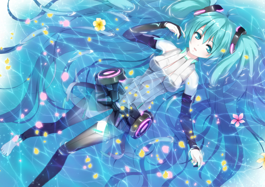 afloat aqua_eyes aqua_hair barefoot bridal_gauntlets hatsune_miku hatsune_miku_(append) long_hair md5_mismatch necktie partially_submerged petals solo thighhighs toki_(toki-master) twintails very_long_hair vocaloid vocaloid_append water