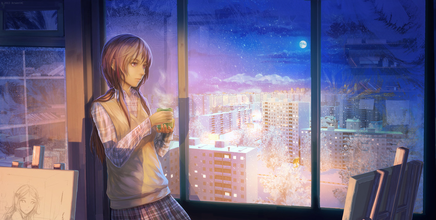arsenixc brown_hair building canvas_(object) cityscape cloud cup easel frost frown full_moon highres long_hair looking_away md5_mismatch messy_hair moon mug night night_sky original painting_(object) pink_eyes ponytail red_eyes reflection revision shadow skirt sky snow snowing solo steam tea teacup window window_frost winter