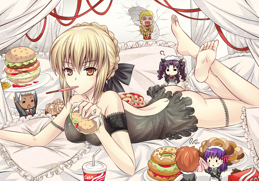 3girls :&lt; :o =_= @_@ absurdres apron archer arm_garter artoria_pendragon_(all) ass babydoll backless_outfit bangs bare_back bare_shoulders barefoot bed black_babydoll blonde_hair bottomless bow braid breasts brown_hair canopy_bed closed_mouth coca-cola cookie crack cracked_wall cup curtains dark_skin doughnut drinking_straw eating emiya_shirou fate/stay_night fate_(series) feet food french_fries frilled_pillow frills garters gilgamesh hair_bow hamburger hands_on_hips highres hte222 jacket long_legs long_sleeves looking_at_viewer lying maid_headdress matou_sakura medium_breasts miniboy minigirl mouth_hold multiple_boys multiple_girls necktie no_panties on_bed on_stomach pastry pillow plate pocky purple_hair saber_alter sandwich soles standing strawberry_pocky sweatdrop toes toosaka_rin two_side_up v-shaped_eyebrows waist_apron white_hair yellow_eyes