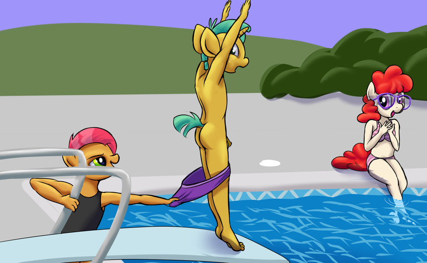 anthro anthrofied anthroified babs babs_seed_(mlp) balls brown_fur cfnm cub equine eyewear female freckles friendship_is_magic fur glasses green_eyes green_hair group hair horn horse male mammal my_little_pony orange_fur pantsing penis pony pool purple_eyes ragingsemi red_hair snails_(mlp) swimsuit tan_fur twist twist_(mlp) undressing unicorn watching water young