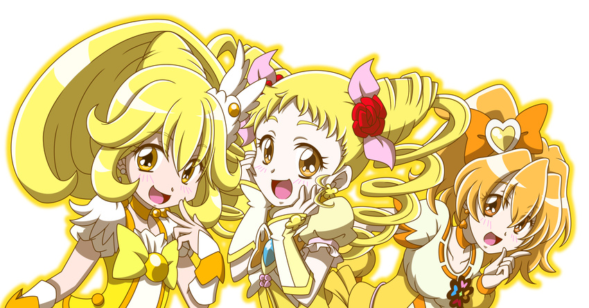 arm_warmers blonde_hair blush bow breasts brooch brown_eyes brown_hair choker color_connection cure_lemonade cure_peace cure_pine earrings flower fresh_precure! hair_flaps hair_flower hair_ornament hair_ribbon hands_on_own_face heart heart_hair_ornament highres jewelry kasugano_urara_(yes!_precure_5) kise_yayoi long_hair magical_girl medium_breasts monyotarosu multiple_girls open_mouth orange_choker ponytail precure ribbon side_ponytail skirt smile smile_precure! tiara twintails vest yamabuki_inori yellow yellow_bow yellow_eyes yellow_skirt yes!_precure_5