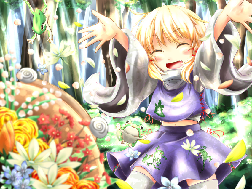 animal_print blonde_hair blurry blush_stickers closed_eyes daisy depth_of_field facing_viewer flower forest frog grass hair_ribbon hat hat_removed headwear_removed highres leaf midriff moriya_suwako nature navel open_mouth outstretched_arms petals ribbon rose short_hair sidelocks skirt skirt_set solo tamasan thighhighs touhou yellow_flower yellow_rose zettai_ryouiki