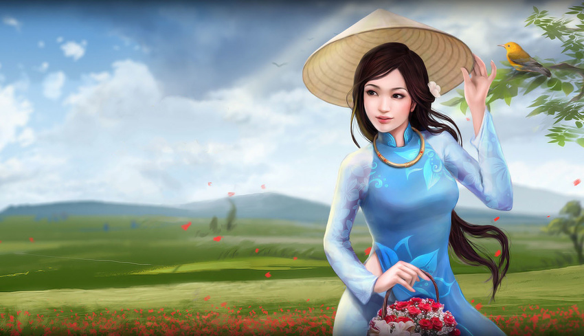 artist_request basket bird blue_sky cloud copyright_request day field flower grass hat highres long_hair long_sleeves outdoors plant rice_hat scenery sky solo standing sun_hat tabard tree vietnamese_dress