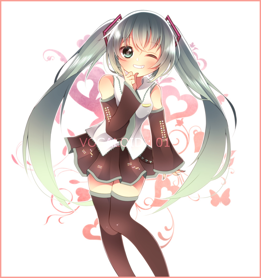 bad_id bad_pixiv_id copyright_name detached_sleeves green_eyes green_hair grin hatsune_miku highres long_hair nail_polish necktie one_eye_closed skirt smile solo thighhighs twintails ushiroyuri very_long_hair vocaloid