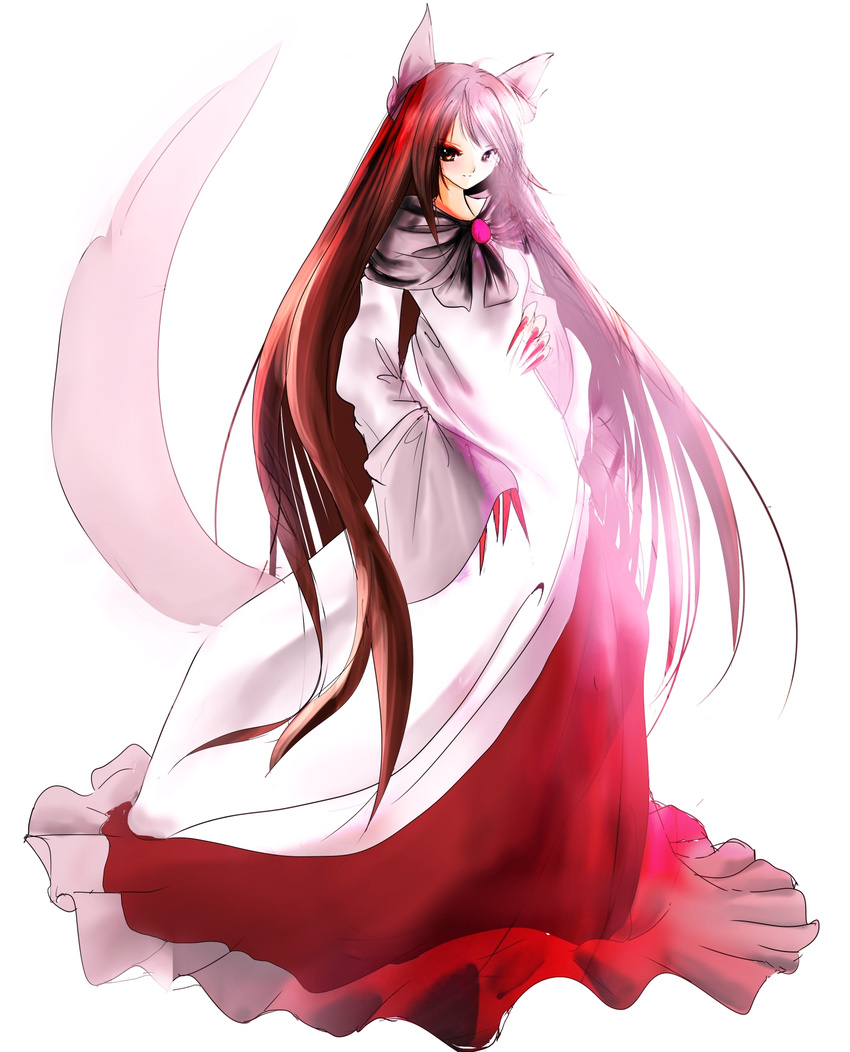animal_ears brooch brown_hair dress fingernails hands_on_hips highres imaizumi_kagerou jewelry long_fingernails long_hair long_sleeves nyago red_eyes simple_background smile solo tail touhou very_long_hair white_background wide_sleeves wolf_ears wolf_tail