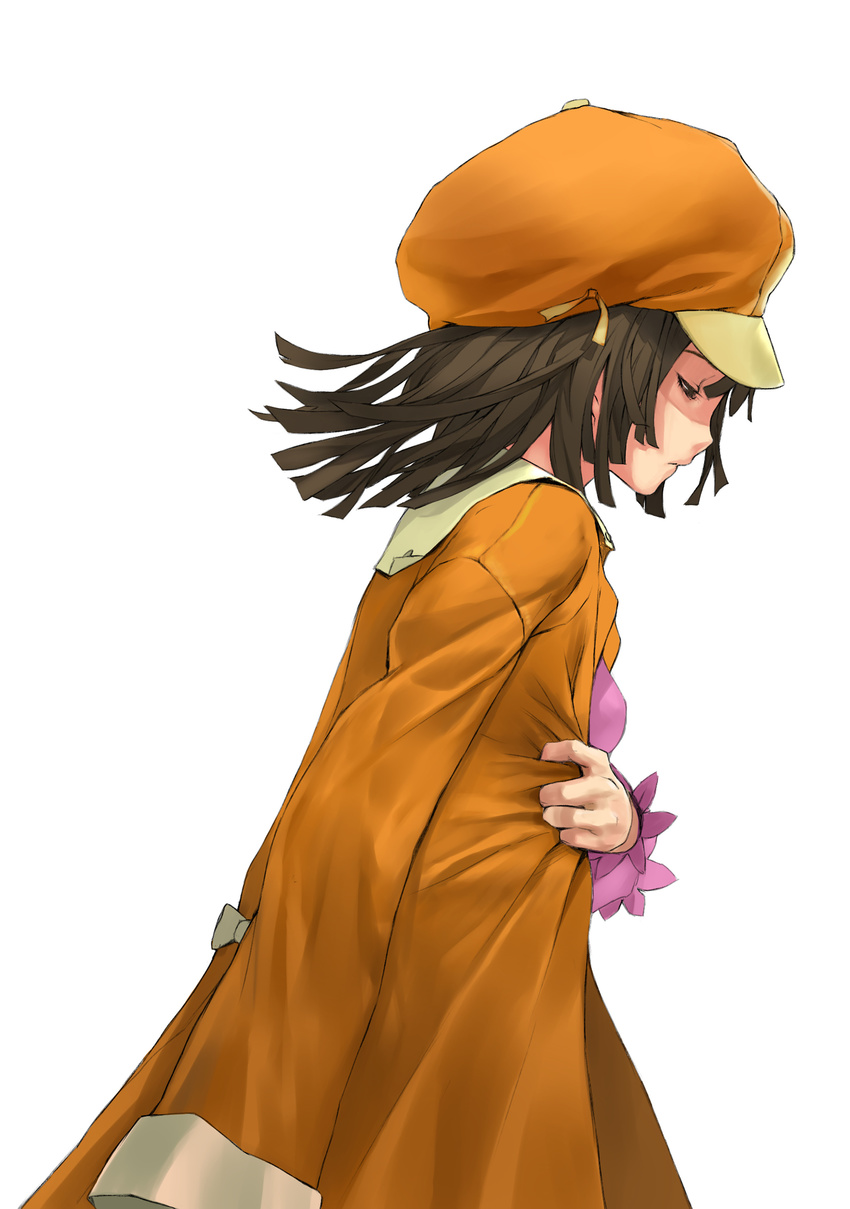 absurdres bakemonogatari brown_eyes brown_hair cabbie_hat hat highres jacket jacket_on_shoulders monogatari_(series) profile redjuice scan sengoku_nadeko short_hair simple_background solo white_background