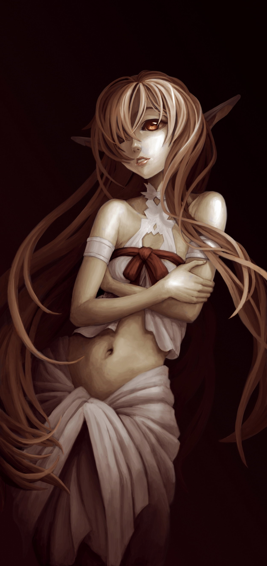 absurdres asuna_(sao) bad_id bad_pixiv_id black_background brown_eyes brown_hair crop_top crossed_arms highres lips long_hair midriff navel parted_lips pointy_ears solo sword_art_online titania_(sao) yinanhuanle