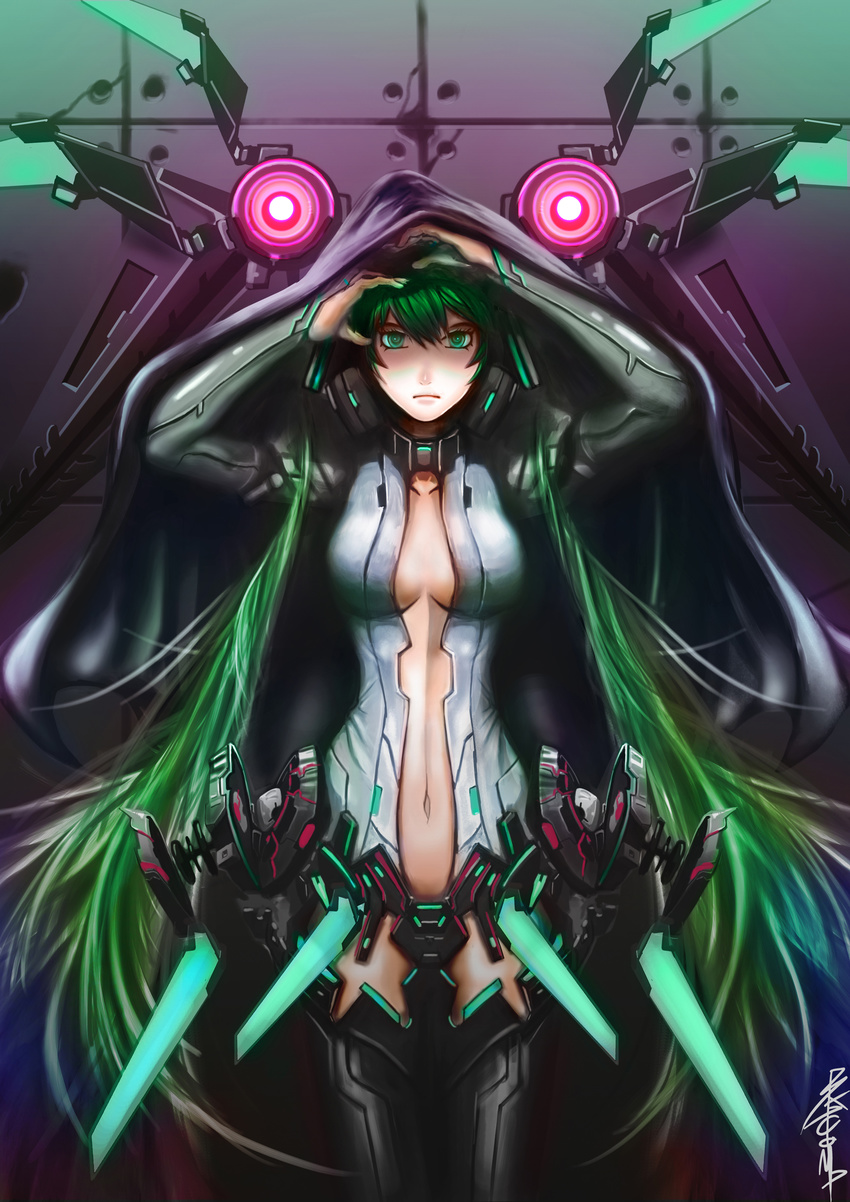 absurdres against_wall badcompzero breasts center_opening cleavage green_eyes green_hair hatsune_miku hatsune_miku_(append) headgear highres long_hair looking_at_viewer machinery medium_breasts navel solo standing stomach very_long_hair vocaloid vocaloid_append wall