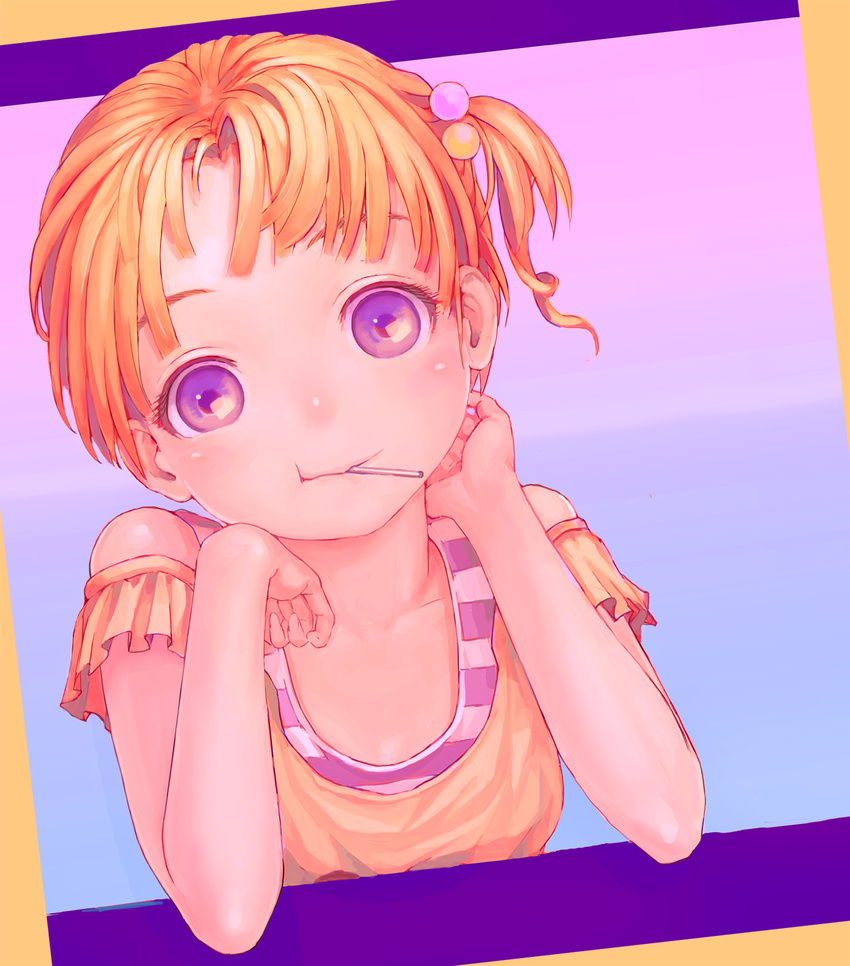 child highres orange_hair original purple_eyes short_hair side_ponytail smile solo toreador