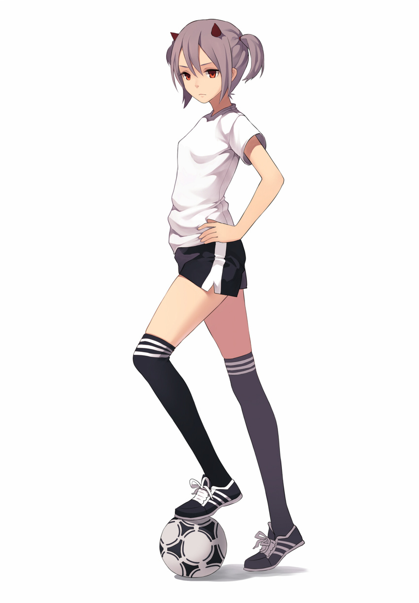 ball black_legwear breasts fkey full_body gym_shorts hand_on_hip highres horns original over-kneehighs purple_hair red_eyes shoes short_hair shorts simple_background small_breasts sneakers soccer_ball soccer_uniform solo sportswear thighhighs twintails white_background