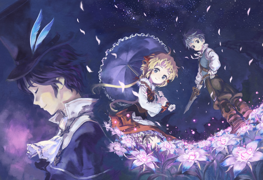 2boys allegretto bad_id bad_pixiv_id blonde_hair blue_eyes blue_umbrella boots capelet closed_eyes feathers field flower flower_field frederic_chopin grey_hair hat highres knee_boots long_hair multiple_boys pants polka_(trusty_bell) smile susie_481 sword top_hat trusty_bell twintails umbrella weapon