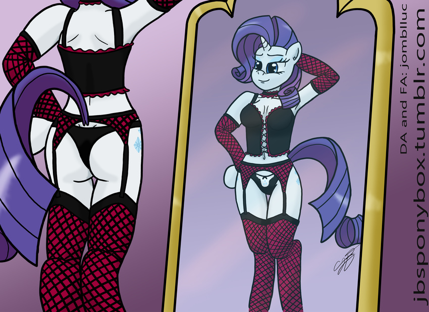 anthro anthrofied blue_eyes cleavage clothed clothing corset cutie_mark english_text equine female friendship_is_magic garter_belt hair horn horse jomblluc legwear lingerie mammal mirror my_little_pony panties pony purple_hair rarity_(mlp) reflection solo stockings text underwear unicorn