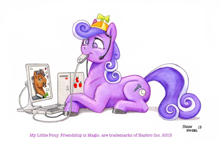 computer computer_mouse cutie_mark english_text equine female friendship_is_magic fur hair hat horn keyboard_(computer) lying mammal microphone my_little_pony on_front propeller_hat purple_fur purple_hair screwball_(mlp) solo text two_tone_hair unicorn