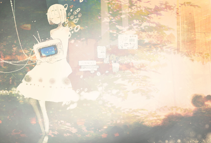 abstract antennae backlighting bangs barefoot blunt_bangs bubble cable closed_eyes closed_mouth cup dress highres holding invisible_chair menruiko note original pen short_hair sitting smile solo television vocaloid