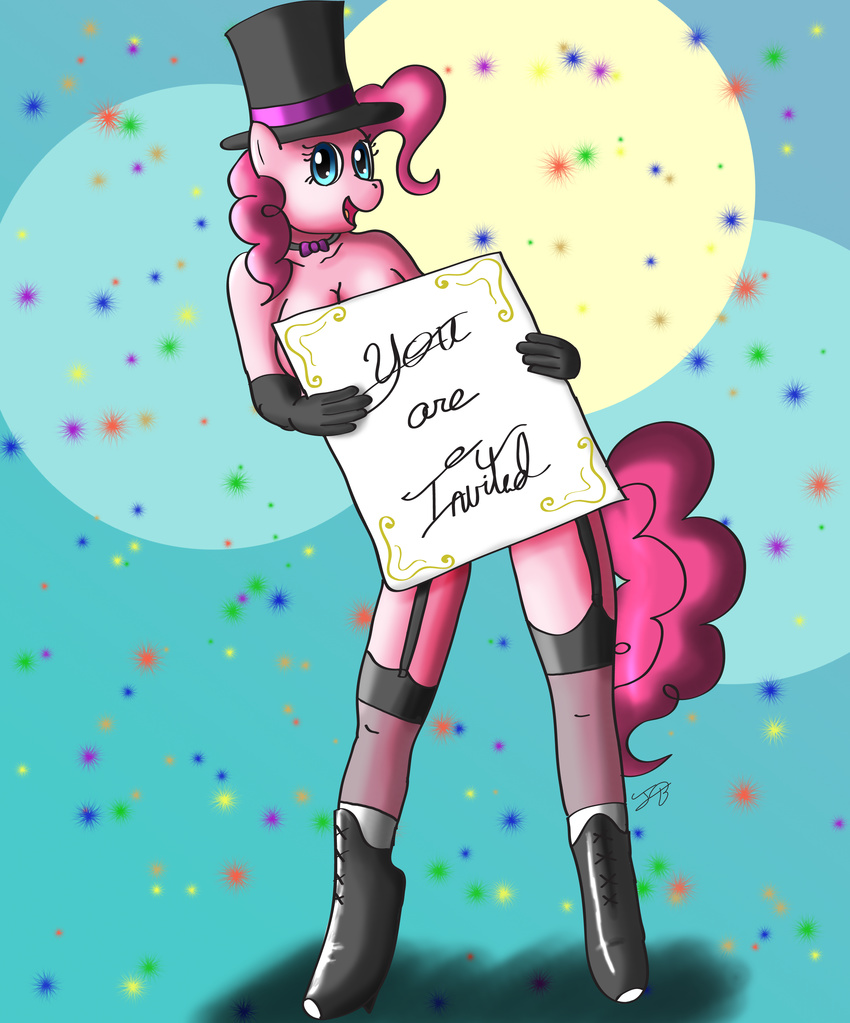 anthro anthrofied blue_eyes bow_tie english_text equine female friendship_is_magic fur hair hat horse jomblluc mammal my_little_pony pink_fur pink_hair pinkie_pie_(mlp) pony solo text top_hat
