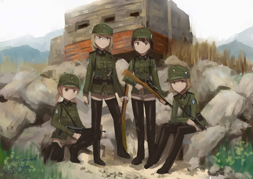 artist_name black_legwear blonde_hair blue_eyes bolt_action brown_eyes brown_hair bunker dated glasses green_eyes gun handgun hat kanokoga kneeling long_hair looking_at_viewer mauser_98 military military_uniform mountain mp40 multiple_girls original pistol rifle rock scope short_hair signature sitting sling soldier standing submachine_gun thighhighs twintails uniform walther walther_p38 weapon world_war_ii world_witches_series zettai_ryouiki