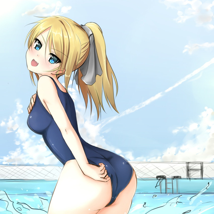 adjusting_clothes adjusting_swimsuit blonde_hair blue_eyes blush fang highres isshiki_(ffmania7) long_hair one-piece_swimsuit open_mouth original ponytail school_swimsuit solo swimsuit