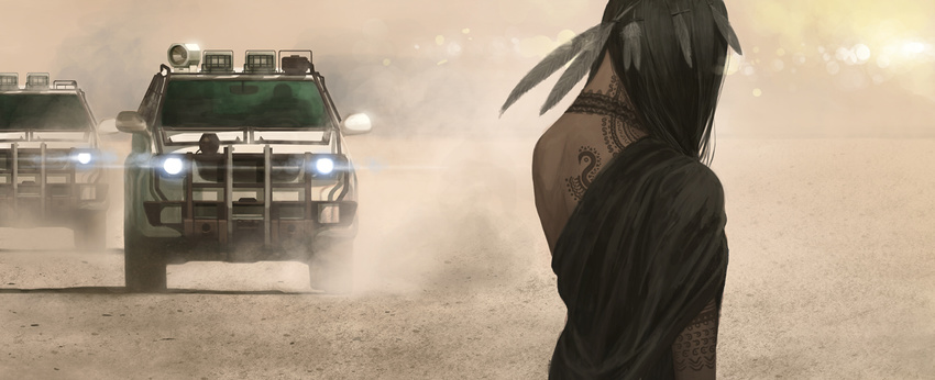 black_hair car desert dust feathers ground_vehicle long_hair md5_mismatch motor_vehicle original shiira solo tattoo