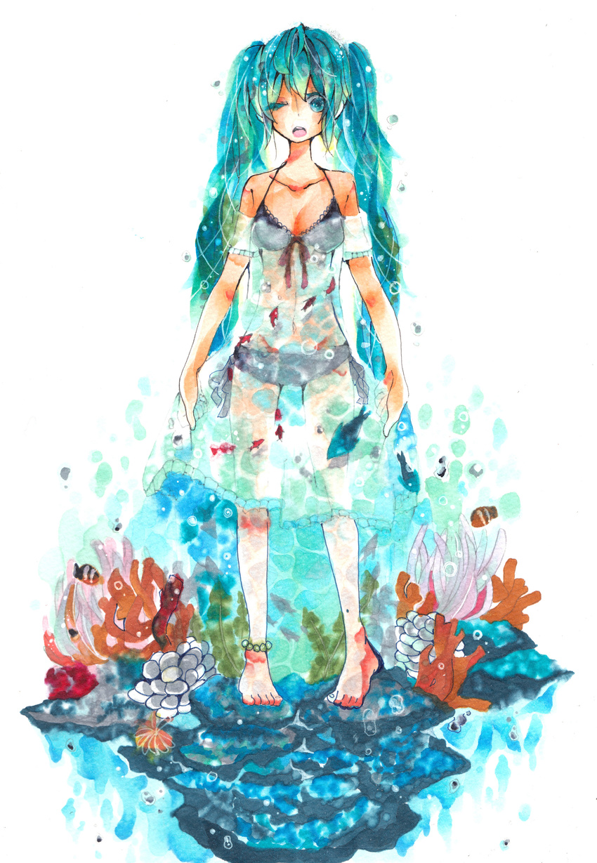 absurdres anklet aqua_eyes aqua_hair bad_id bad_pixiv_id barefoot bra dress fish hatsune_miku highres jewelry long_hair marker_(medium) one_eye_closed open_mouth panties see-through skirt_hold solo traditional_media twintails ujii underwater underwear very_long_hair vocaloid wet wet_clothes