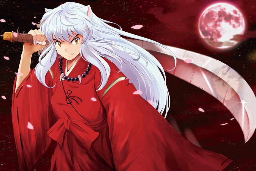 age_difference animal_ears bad_id bad_pixiv_id bangs beads bishounen brothers cherry_blossoms claws cloud cowboy_shot crescent dog_ears eyeshadow facial_mark fangs forehead_mark frown full_moon glint huge_weapon inuyasha inuyasha_(character) japanese_clothes jewelry kimono long_hair long_sleeves looking_at_viewer makeup male_focus moon multiple_boys necklace night night_sky orange_eyes outdoors over_shoulder petals red_moon reflection ribbon ribbon-trimmed_sleeves ribbon_trim sash sesshoumaru siblings sky smirk solo_focus standing sword tetsusaiga tooth_necklace very_long_hair weapon weapon_over_shoulder white_hair yellow_eyes zkxandy