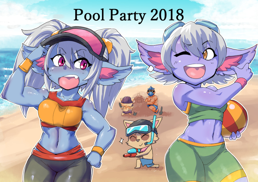 3boys ball beach beachball blue_skin collarbone eyebrows_visible_through_hair fang fluffy_ears goggles goggles_on_head league_of_legends long_hair looking_at_another midriff multiple_boys multiple_girls navel ocean one_eye_closed open_mouth pointy_ears poppy purple_eyes purple_skin short_hair shorts silver_hair sky sleeveless smile standing sweatband teemo tongue tristana twintails upper_teeth visor_cap yellow_eyes yordle zei-minarai