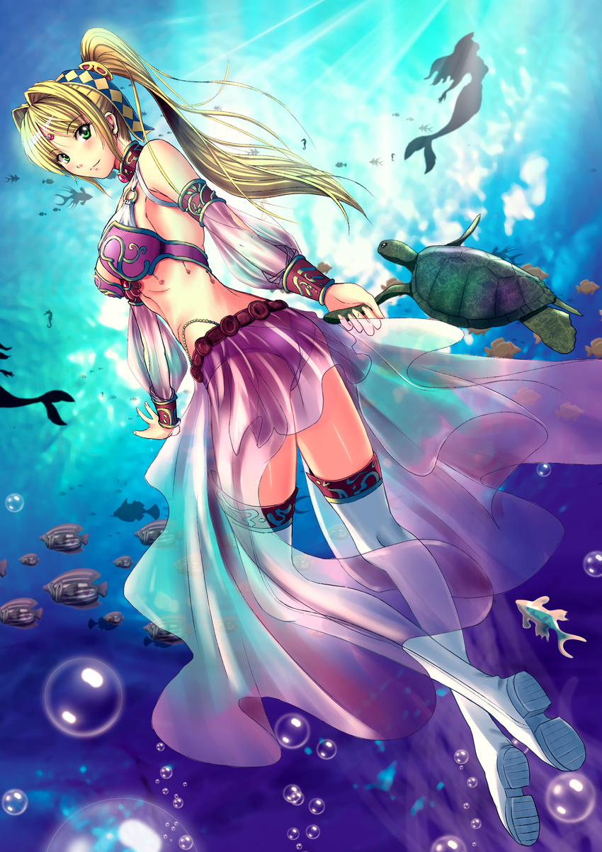 absurdres ass blonde_hair boots breasts bubble detached_sleeves fish green_eyes headband highres large_breasts legs long_hair mermaid monster_girl original panties ponytail purple_panties see-through silhouette solo_focus soyokaze thigh_boots thighhighs turtle underwater underwear wet wet_clothes white_legwear