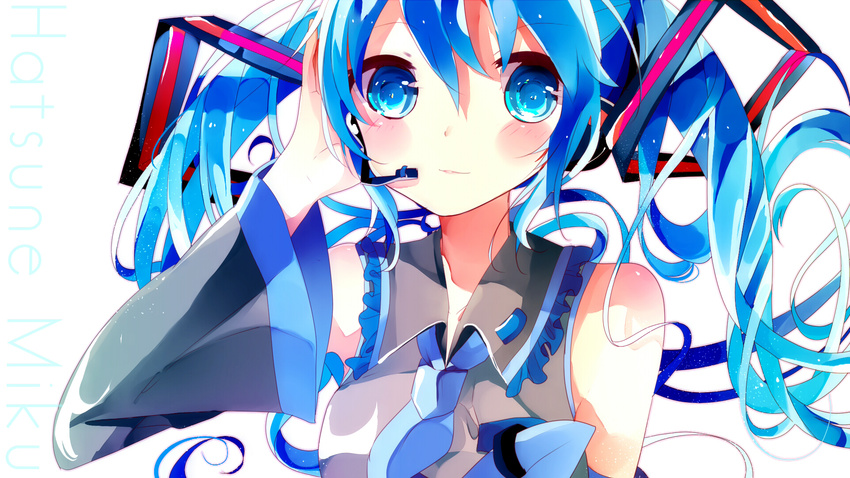 blue_eyes blue_hair character_name detached_sleeves hatsune_miku headset highres long_hair necktie remimim solo twintails vocaloid white_background