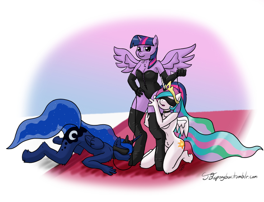 all_fours anthro anthrofied bdsm blindfold blue_fur blue_hair breasts cleavage clothed clothing collar crown cutie_mark dbsm elbow_gloves english_text equine female friendship_is_magic fur gloves group hair horn horse jomblluc kneeling leash licking mammal multi-colored_hair my_little_pony pony princess_celestia_(mlp) princess_luna_(mlp) purple_eyes purple_fur purple_hair text tongue twilight_sparkle_(mlp) white_fur winged_unicorn wings