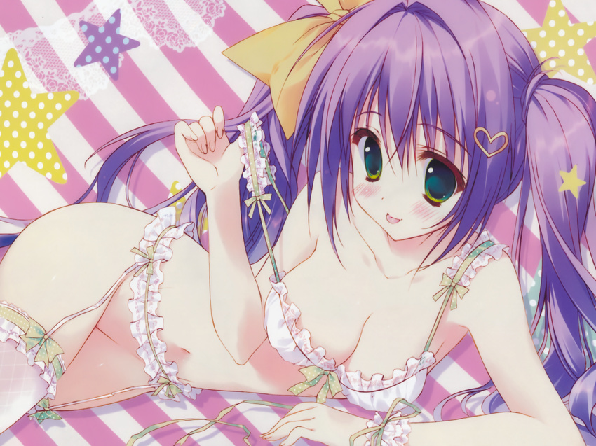 :p absurdres arm_support bra collarbone copyright_request frilled_bra frilled_legwear frills garter_belt green_eyes groin hair_ornament hairpin highres hips leg_garter long_hair looking_at_viewer lying no_panties on_side pulled_by_self purple_hair ryouka_(suzuya) simple_background solo star strap_lift strap_pull striped striped_background tareme teasing thighhighs tongue tongue_out twintails underwear white_bra white_legwear