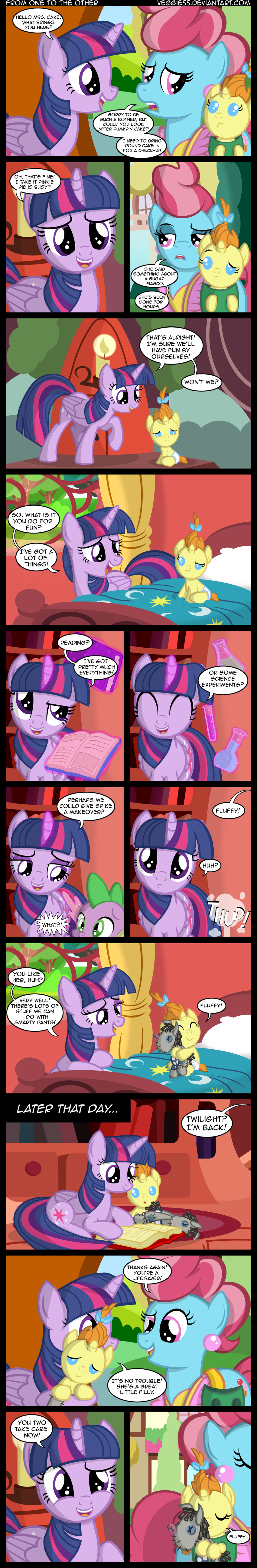 baby bed blue_eyes bottle bow cat_eyes comic curtains dialog dragon english_text equine female feral friendship_is_magic glowing green_eyes hair horn horse magic mammal mrs_cake_(mlp) my_little_pony pillow pony pumpkin_cake_(mlp) purple_eyes slit_pupils smartypants_(mlp) sparkles spike_(mlp) test_tube text twilight_sparkle_(mlp) two_tone_hair veggie55 window winged_unicorn wings young