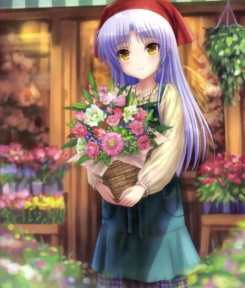 angel_beats! apron awning bandana bangs basket blurry blurry_background blush bouquet carrying casual closed_mouth cowboy_shot cropped eyebrows_visible_through_hair florist flower flower_shop goto_p hanging_plant highres long_hair long_sleeves outdoors plaid plant potted_plant shop silver_hair smile solo standing striped tenshi_(angel_beats!) yellow_eyes