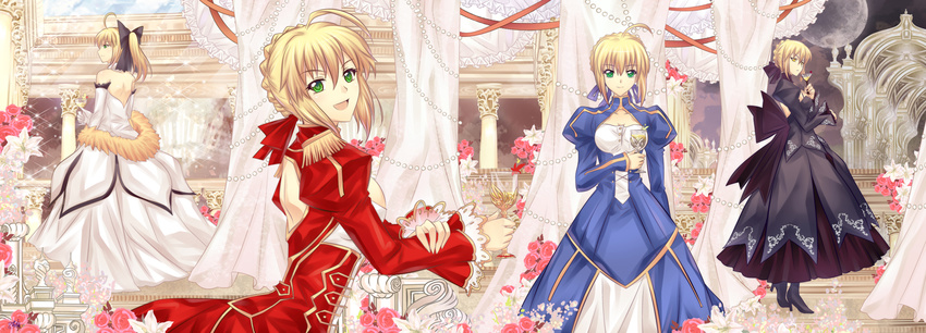 ahoge artoria_pendragon_(all) blonde_hair dress fate/extra fate/stay_night fate/unlimited_codes fate_(series) formal green_eyes high_heels highres multiple_girls multiple_persona nero_claudius_(fate) nero_claudius_(fate)_(all) riyun_(halodark) saber saber_alter saber_lily shoes