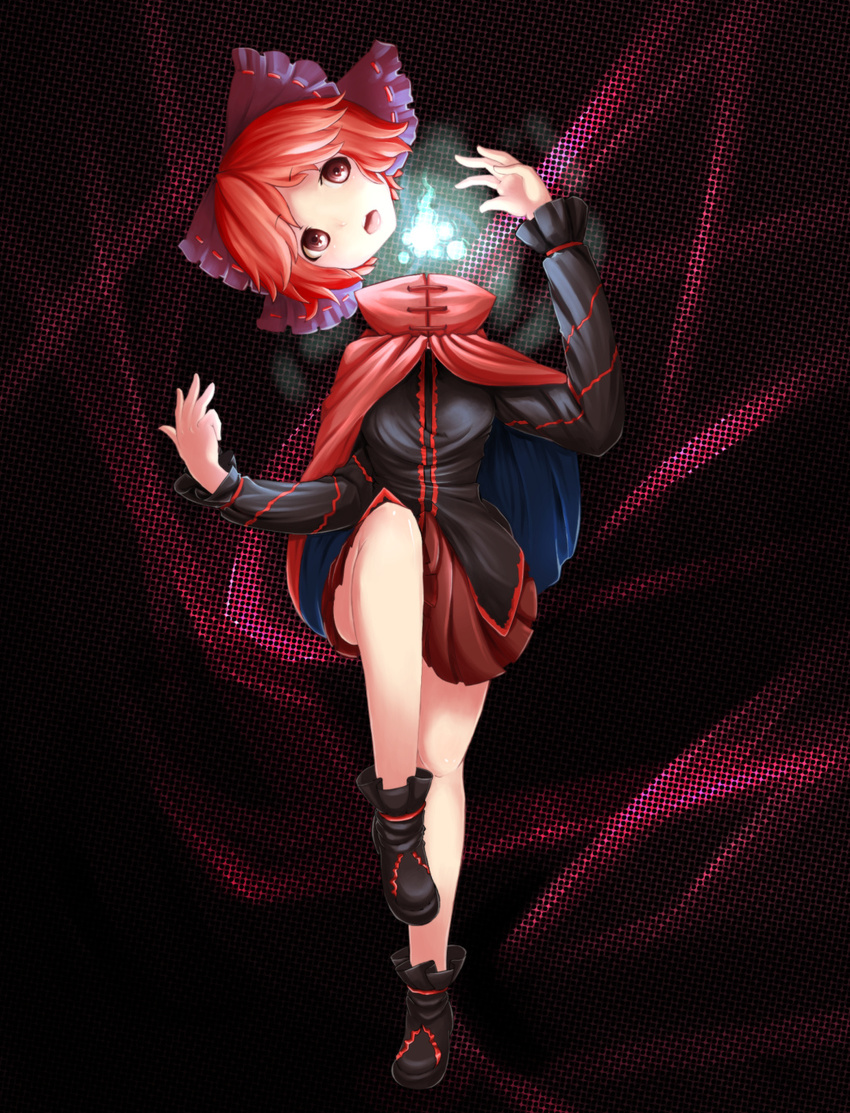 bare_legs black_background bow cape dress furim hair_bow headless highres knee_up layered_dress long_sleeves looking_at_viewer no_socks nukekubi open_mouth red_eyes red_hair sekibanki shoes short_hair solo touhou