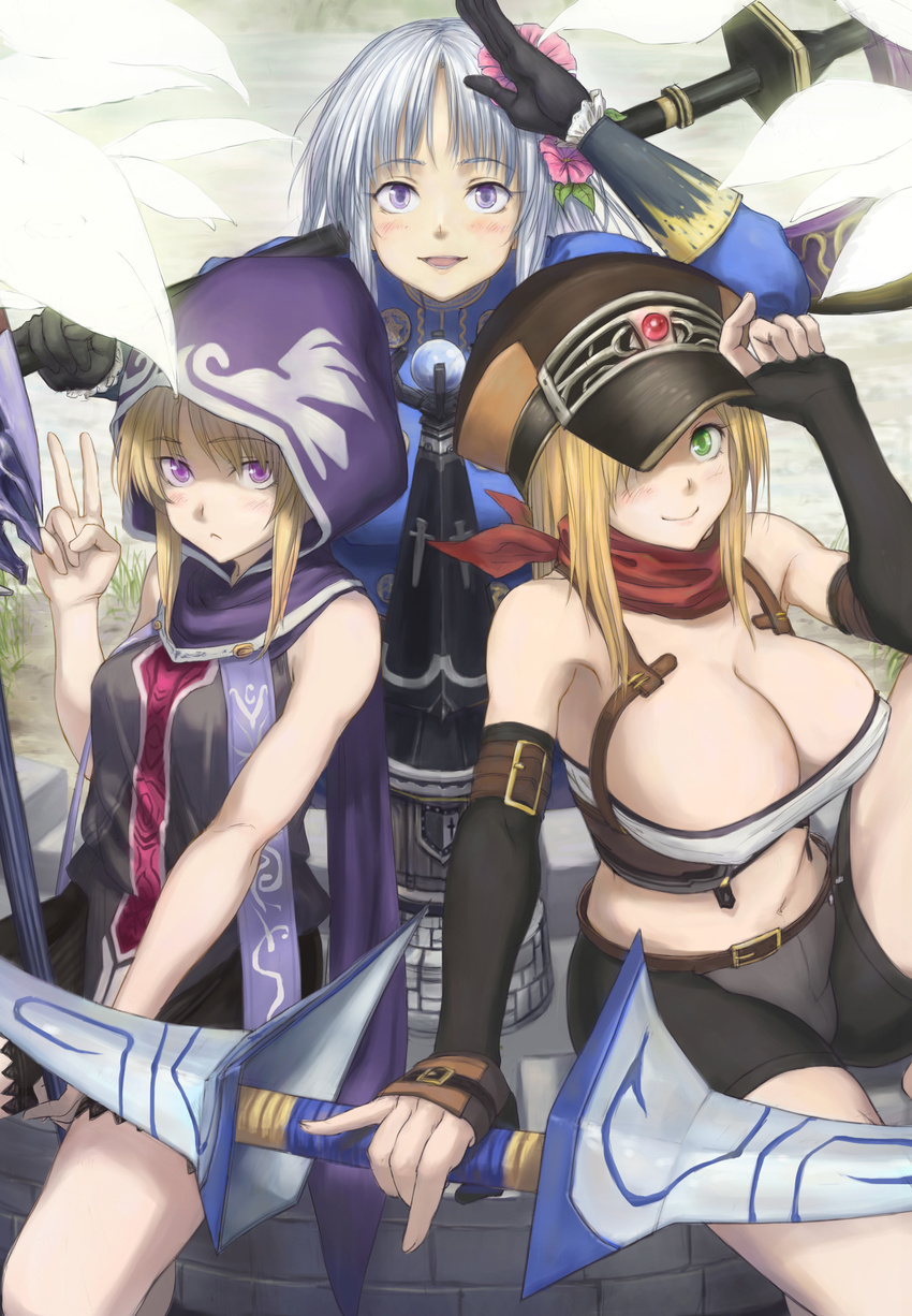 ;) bad_id bad_pixiv_id blush bow_(weapon) breasts bursting_breasts closed_mouth covered_nipples elbow_gloves fantasy_earth_zero gloves hat hat_over_one_eye highres hood hoodie huge_breasts lips looking_at_viewer multiple_girls no_bra one_eye_closed purple_eyes shirajira shorts sleeveless smile v weapon white_hair