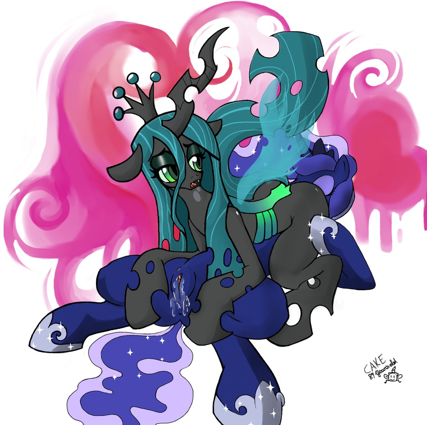 69 changeling crown cunnilingus duo equine fangs female feral friendship_is_magic green_eyes green_hair hair horn horse lesbian mammal my_little_pony oral oral_sex pony princess_luna_(mlp) pussy pussy_juice queen_chrysalis_(mlp) ricocake sex spread_legs spreading vaginal winged_unicorn wings