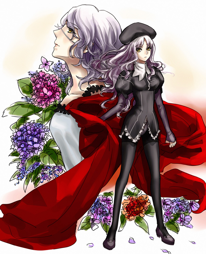 caren_hortensia claudia_hortensia eyepatch fate/hollow_ataraxia fate/zero fate_(series) flower frown hat highres hydrangea layered_sleeves long_hair migillu mother_and_daughter multiple_girls pantyhose shroud_of_magdalene thighhighs thighhighs_over_pantyhose white_hair yellow_eyes