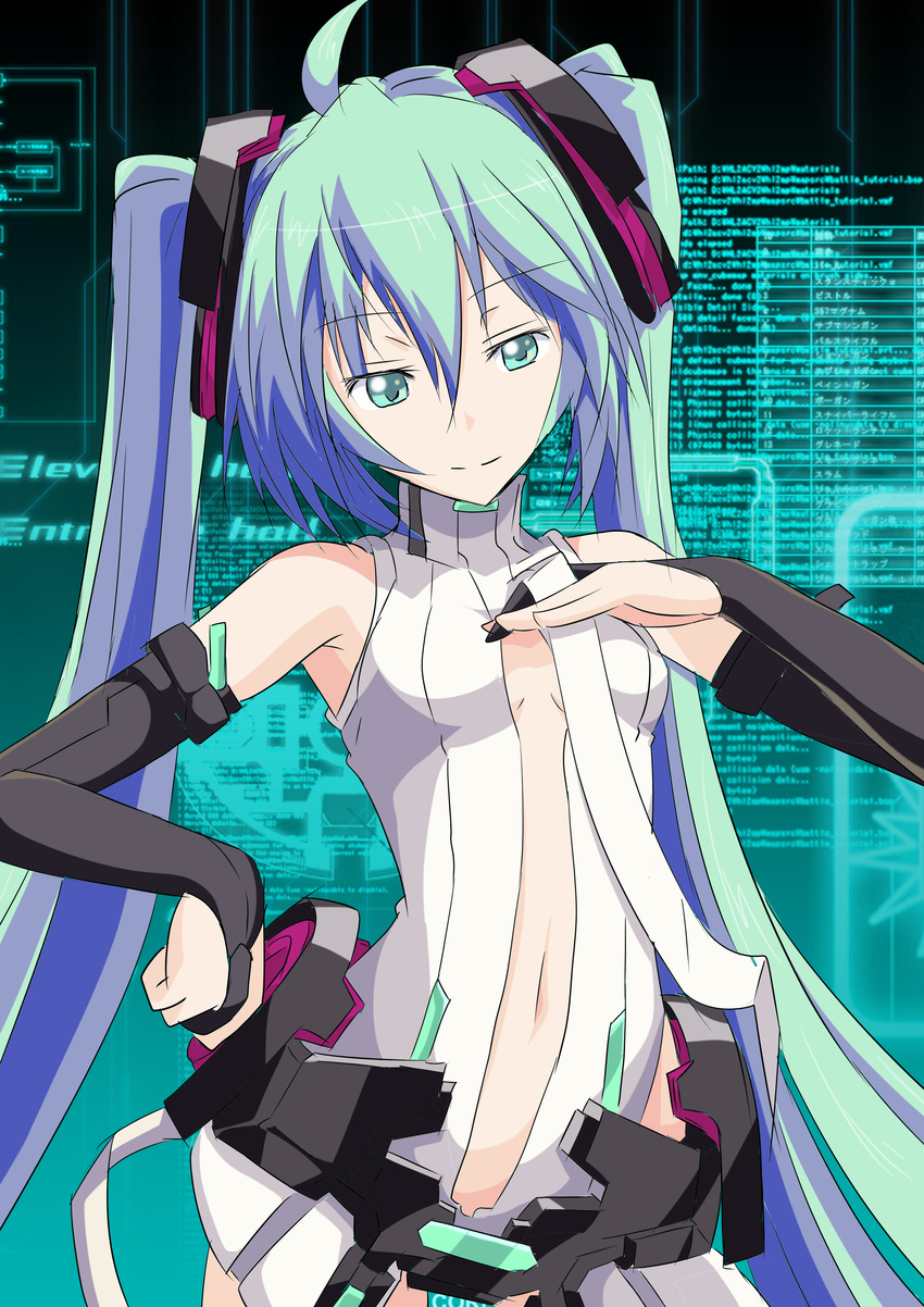 absurdres ahoge bridal_gauntlets center_opening hatsune_miku hatsune_miku_(append) highres long_hair maid_mania navel necktie solo twintails very_long_hair vocaloid vocaloid_append