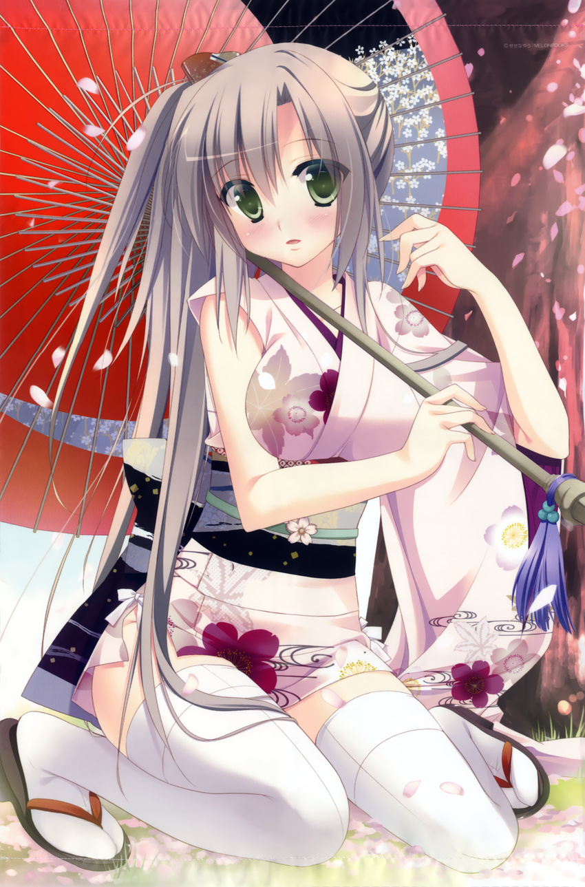 absurdres bare_shoulders blush breasts brown_hair copyright_request floral_print full_body green_eyes hand_up head_tilt highres holding huge_filesize japanese_clothes kimono looking_at_viewer medium_breasts obi parasol sandals sash scan sesena_yau side_ponytail single_sleeve sitting sleeveless solo squatting tabi tareme thighhighs umbrella wariza white_legwear