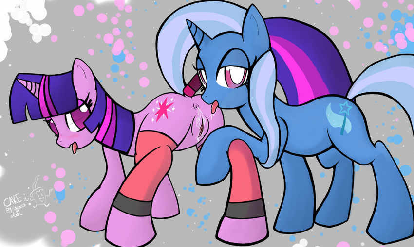 &lt;3 anus blue_fur blush cutie_mark duo english_text equine female feral feral_on_feral friendship_is_magic fur hair horn horse leg_warmer legwear lesbian looking_at_viewer mammal multi-colored_hair my_little_pony one_eye_closed oral oral_sex plain_background pony purple_eyes purple_fur purple_hair pussy pussy_juice ricocake saliva sex text trixie_(mlp) twilight_sparkle_(mlp) two_tone_hair unicorn vaginal white_background wink