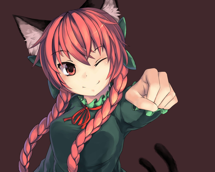 463_jun animal_ears bow braid cat_ears cat_tail clenched_hand hair_bow highres kaenbyou_rin long_hair multiple_tails one_eye_closed red_eyes red_hair smile solo tail touhou twin_braids twintails